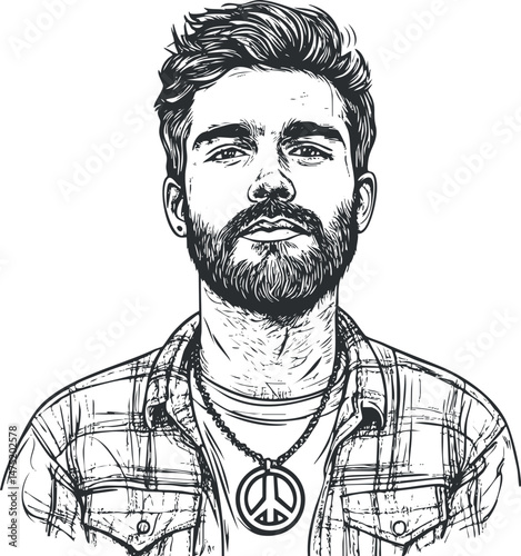 Black and white line art illustration of a confident young man with beard wearing a plaid shirt and peace symbol necklace