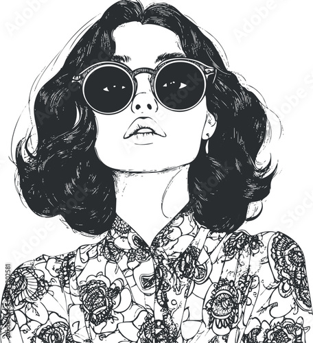 Black and white illustration of a confident young woman wearing round sunglasses and floral patterned clothing