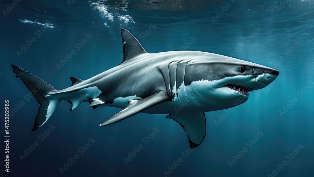Fototapeta premium A predator great white shark navigating the sea for sustenance.