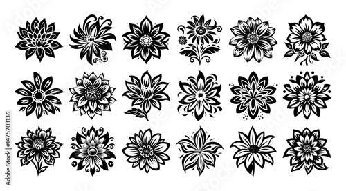 decorative flower icon set in black and white symmetrical vector style