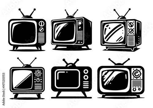 retro television set icons in vintage black and white vector style