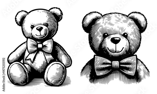 teddy bear set in cute vintage engraved black and white vector style