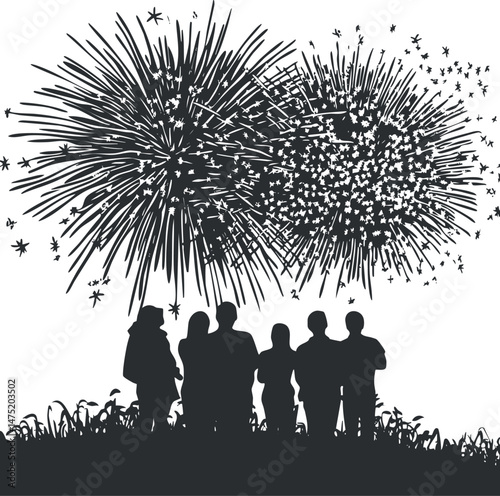 Silhouette of a group of people watching fireworks exploding in the night sky during a celebration or festival outdoors