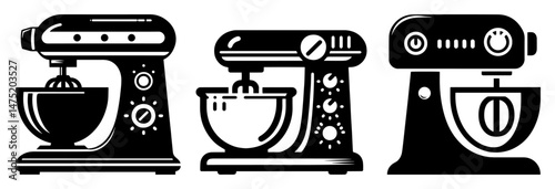 kitchen stand mixer set in retro black and white vector style