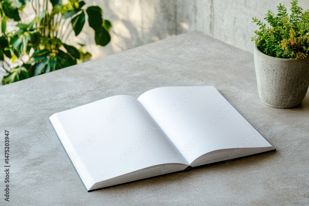 Fototapeta premium Open blank notebook on a modern table next to a potted plant in a bright indoor space during daytime