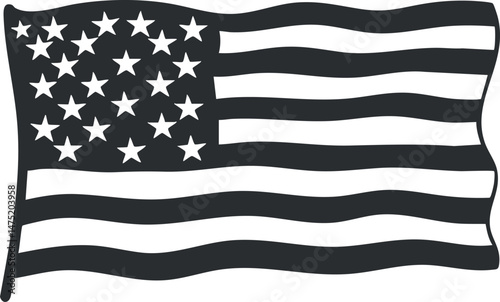 Black and white illustration of the United States flag with stars and stripes waving