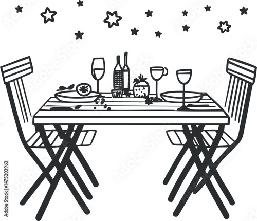 Illustration of a dinner table set with wine bottles and glasses between two chairs under star decorations