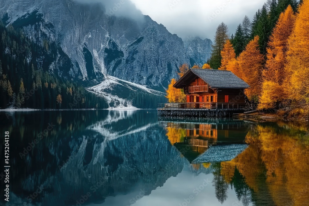 Fototapeta premium Autumnal mountain lake cabin reflected in still water.