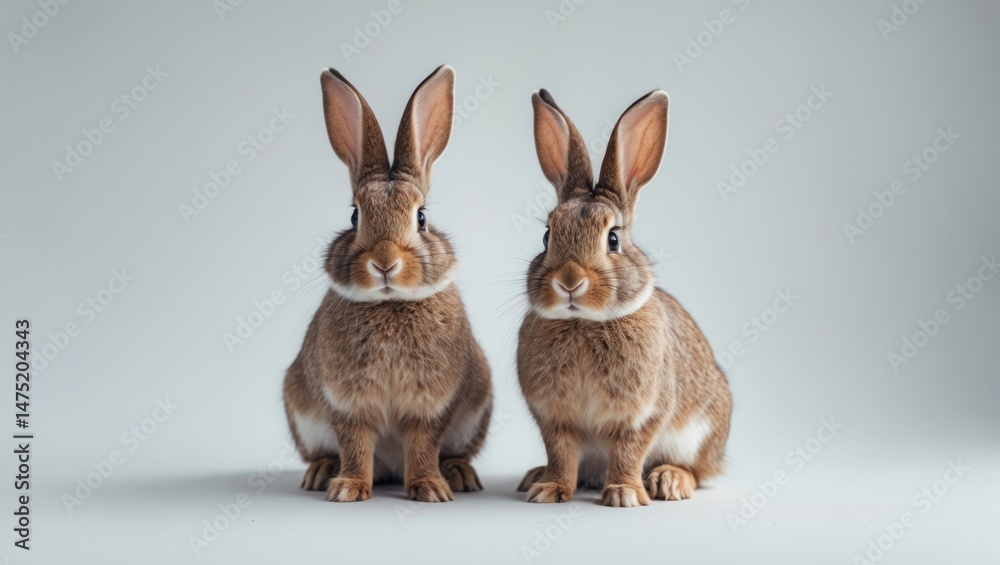 Fototapeta premium On a white background, two tiny brown rabbits are sitting separately.