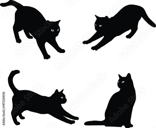 Various Black Cat Silhouettes: A Collection of Feline Poses Including Stretching, Sitting, and Crouching