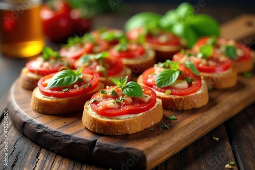 A vibrant spread of assorted bruschetta on a rustic wooden board, ready for a buffet , onion, appetizer