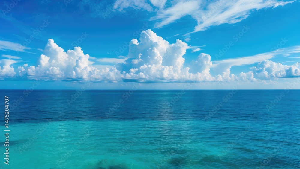 Fototapeta premium Colorful coastal view featuring a sunny sky, ocean, and sandy beach