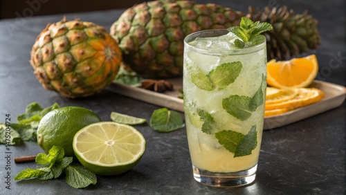 Fototapeta Naklejka Na Ścianę i Meble -  Refreshing Pineapple Mint Mojito High-angle Close-up Composition, Tropical Cocktail Recipe, Summer Drink Mojito,Pineapple,Cocktail