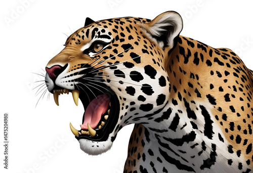 Head portrait of roaring jaguar with open mouth and fangs visible.