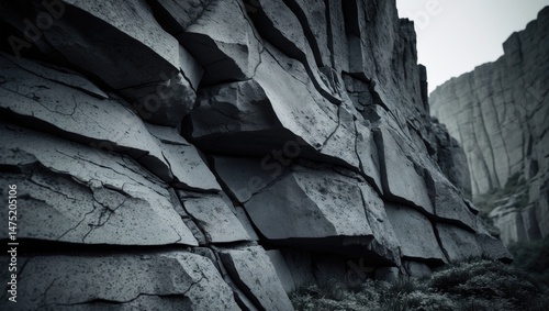 Weathered Rock Wall Featuring Dark Cliff and Geological Layers with Rough Texture, Suitable for Mountaineering and Natural Themes