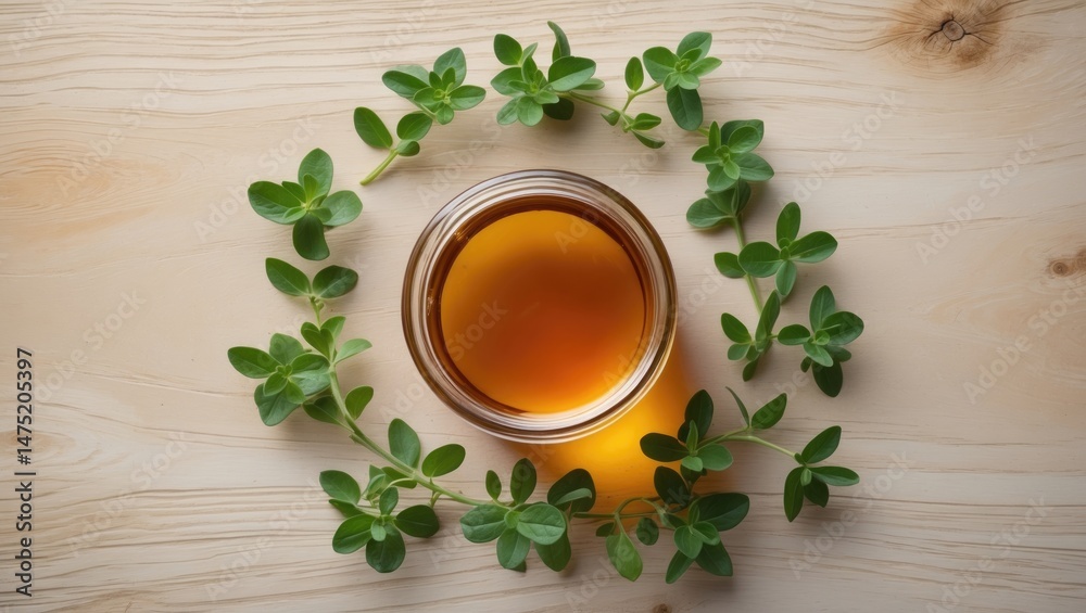 Fototapeta premium Fresh plant-infused syrup for common cold in a bowl, seen from above