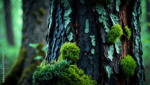 Tree bark adorned with moss and lichen against a green natural backdrop