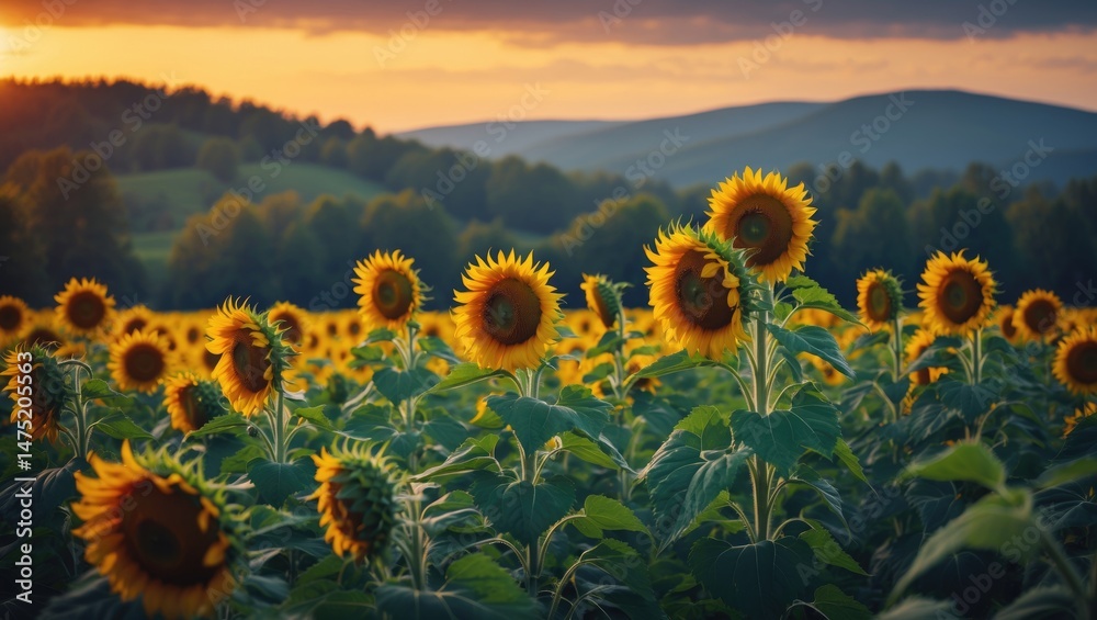 Obraz premium Natural background featuring a vivid sunset over a sunflower field