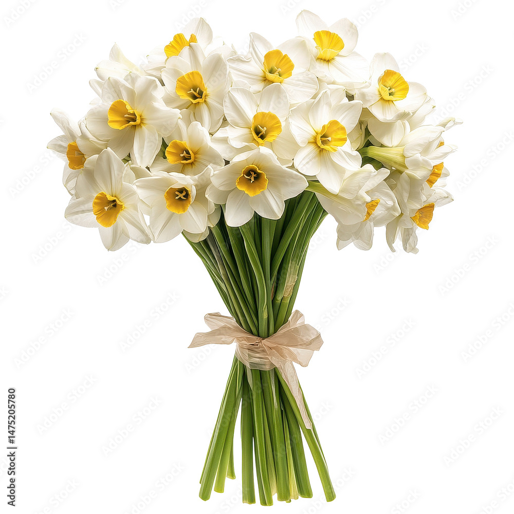 Fototapeta premium Bright and elegant bouquet of white daffodil flowers with yellow centers for any occasion, dafodil Flowers Floral Bouquets flowers with White background