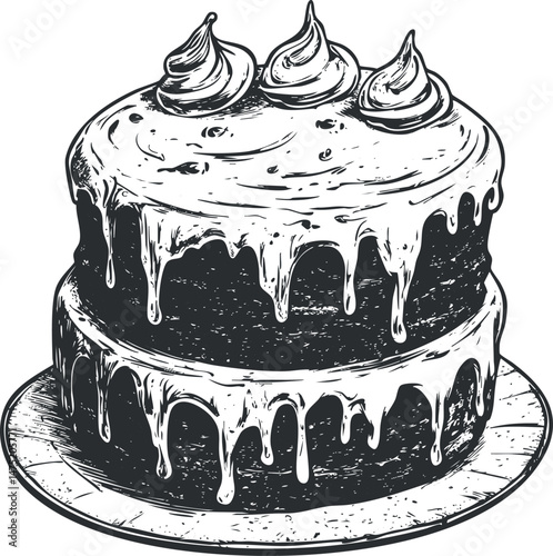 Hand-drawn black and white illustration of a two-tier cake with dripping icing and cream decoration on a plate, perfect for bakery or dessert themes.
