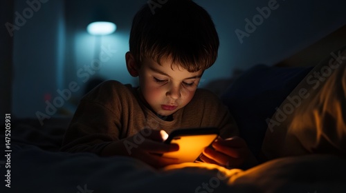 Fat boy playing smartphone in bedroom at night time on dark background. Prolonged telephone play negatively affects eye sight and health in young children. Kid play mobile phone and game.