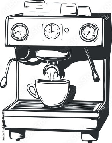 Black and white sketch illustration of an espresso machine brewing coffee into a cup with pressure gauges and steam wand.