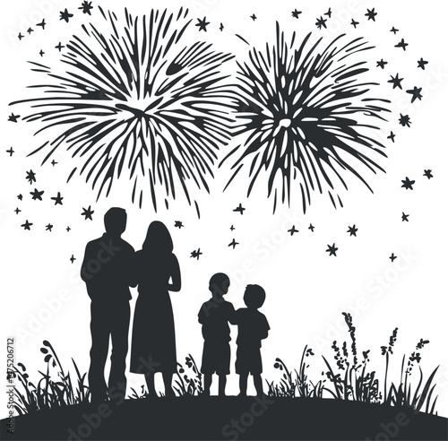 Silhouette of a family of four watching fireworks display at night with stars and grass around them