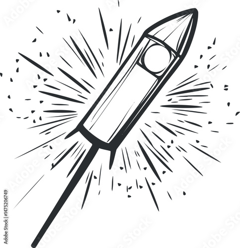 Black and white outline illustration of a rocket firework launching with a burst explosion background