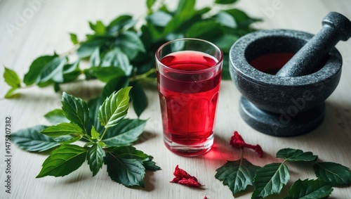 Homemade Ayurvedic drink with aromatic herbs and Justicia adhatoda for cold and flu