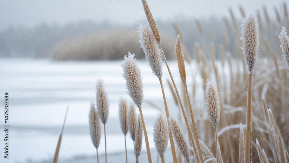 Fototapeta premium Frost-encrusted grass highlighted on a light white surface, banner.