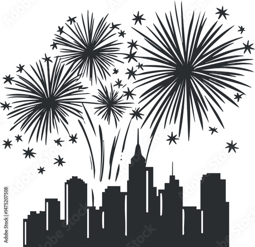 Black and white silhouette of a city skyline with fireworks exploding in the night sky for celebration events