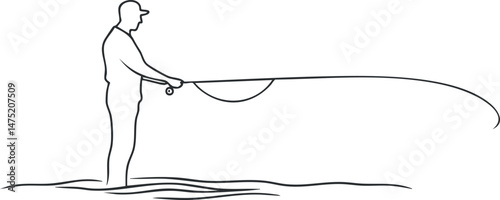 Minimalist line drawing of a fisherman casting a fishing rod standing in water outdoors