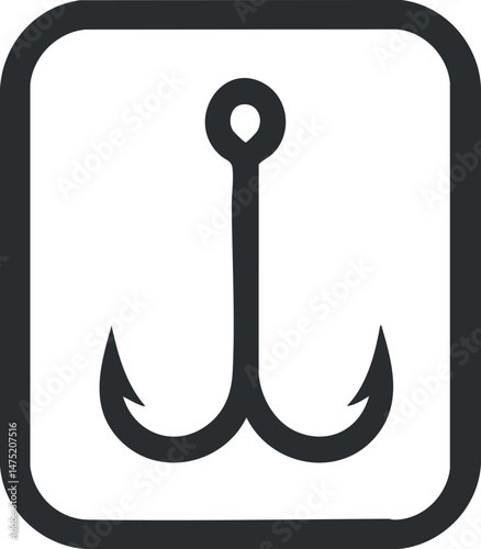 Black fishing hook icon with two sharp points inside a rounded square frame for fishing gear or sport