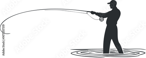 Silhouette of a man fly fishing while standing in water casting a fishing rod outdoors