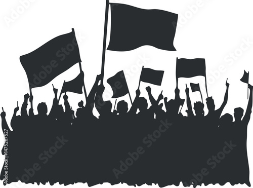 Silhouette of a crowd holding flags and raising fists during a protest or political rally