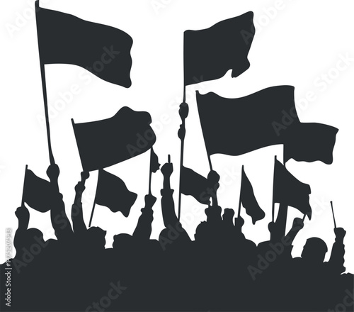 Silhouette of a crowd holding multiple flags during a protest or public demonstration event.