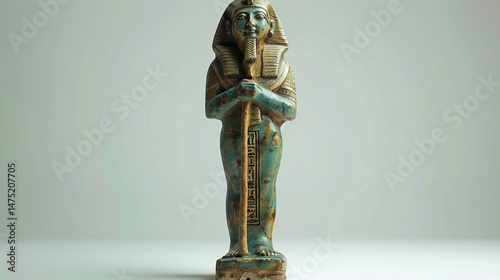 A sacred funerary shabti figure in glazed faience, with hieroglyphs and staff, displayed on a white background.