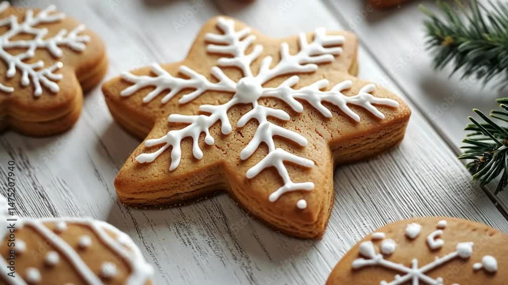 Close-up of a star-shaped gingerbread cookie decorated with white icing in a snowflake pattern, surrounded by festive Christmas elements. Close-up of a star-shaped gingerbread cookie decorated with white icing in a snowflake pattern, surrounded by festive Christmas elements.