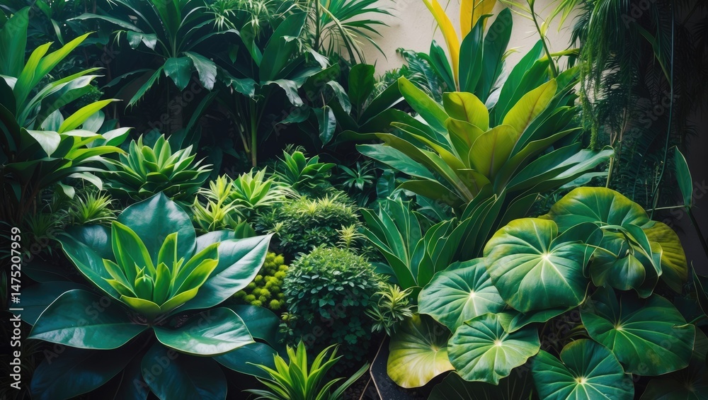 Obraz premium Garden scene with tropical shrubs and a variety of green foliage plants, creating a lush landscape