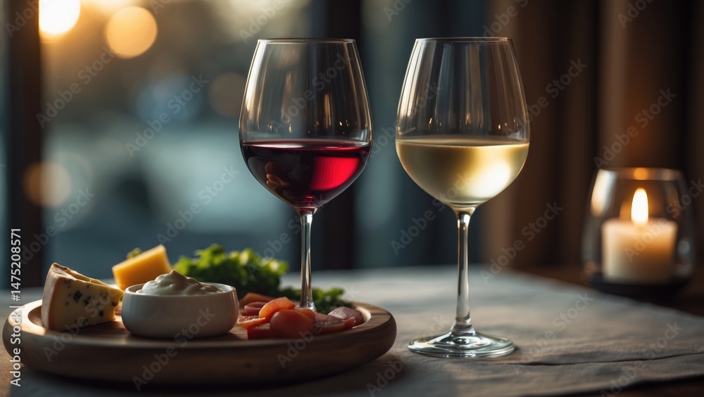 Naklejka premium Outdoor winery setting with two wine glasses, candle, and vineyard background in summer