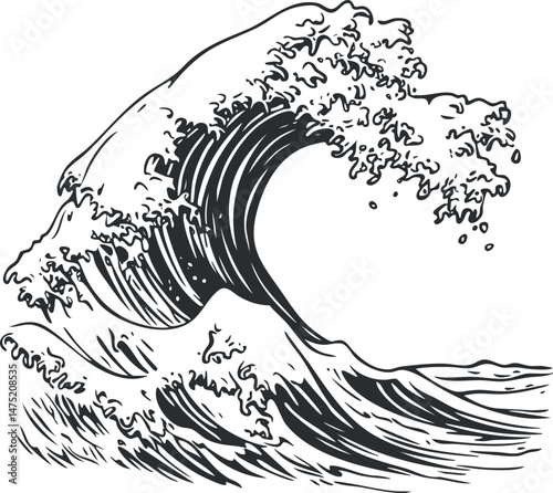 Black and white illustration of a large ocean wave curling with foam and splash, showing powerful water movement.