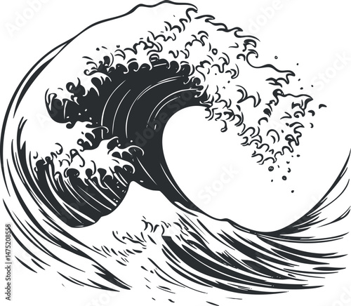 Black and white artistic illustration of a large crashing ocean wave with detailed splashes and foam.