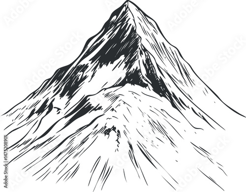 Black and white sketch illustration of a mountain peak with rugged terrain and steep slopes