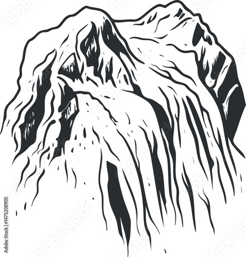 Black and white illustration of a rugged mountain peak with steep rocky cliffs and ridges