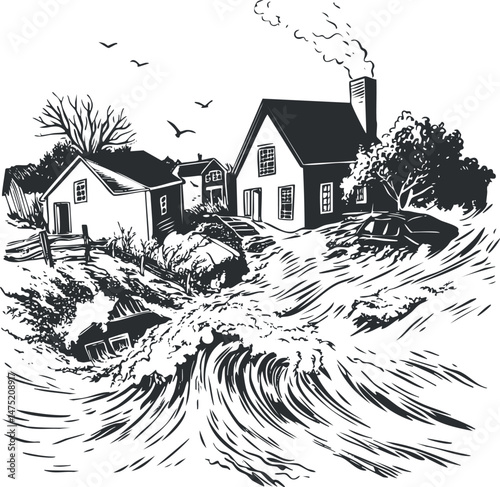 Black and white illustration of a flood impacting houses in a rural area with water rising dangerously