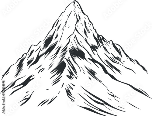 Black and white illustration of a rugged mountain peak with steep slopes and rocky ridges