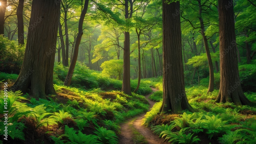 Fototapeta premium Green forest landscape with trees, sunlight, and tranquil outdoor environment