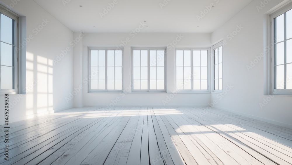 Fototapeta premium Interior design with white walls and wooden flooring