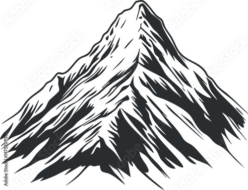 Black and white illustration of a mountain peak with snow and rocky surfaces in a natural outdoor landscape.
