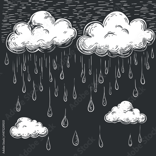 Hand drawn black and white illustration of clouds with falling raindrops against dark sky background